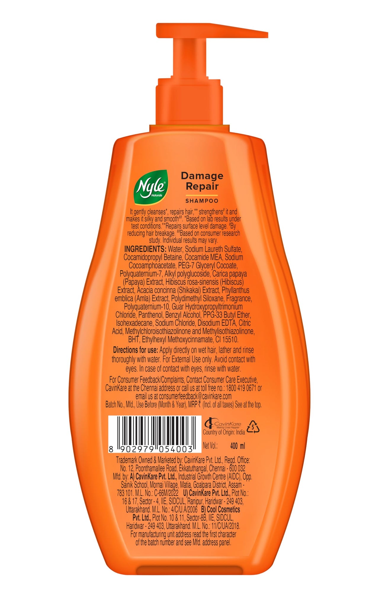 Nyle Naturals Damage Repair Shampoo 400 ml | Hair Repairing Shampoo with Papaya, Hibiscus, & Shikakai | pH Balanced & Paraben Free Gentle & Soft Shampoo For Women & Men