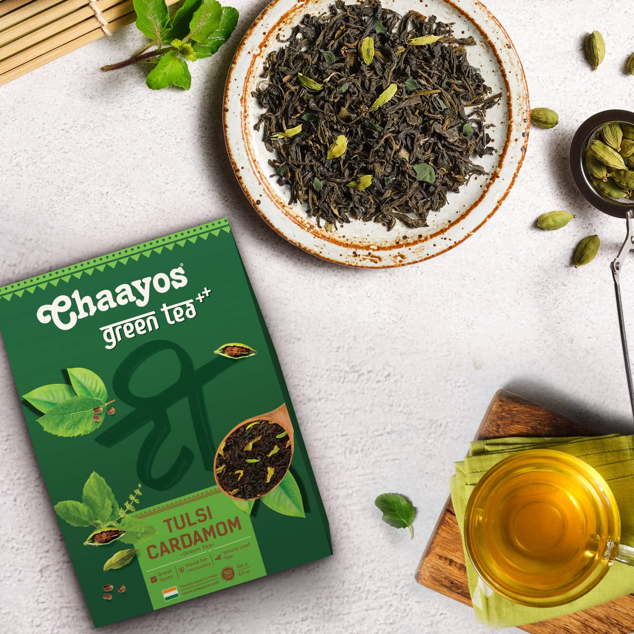Chaayos Tulsi Cardamom Green Tea | Tulsi Cardamom Tea | Whole Leaf Loose Tea | Immunity Boosting - 100g [50 Cups] | Antioxidant Green Tea | Green Tea
