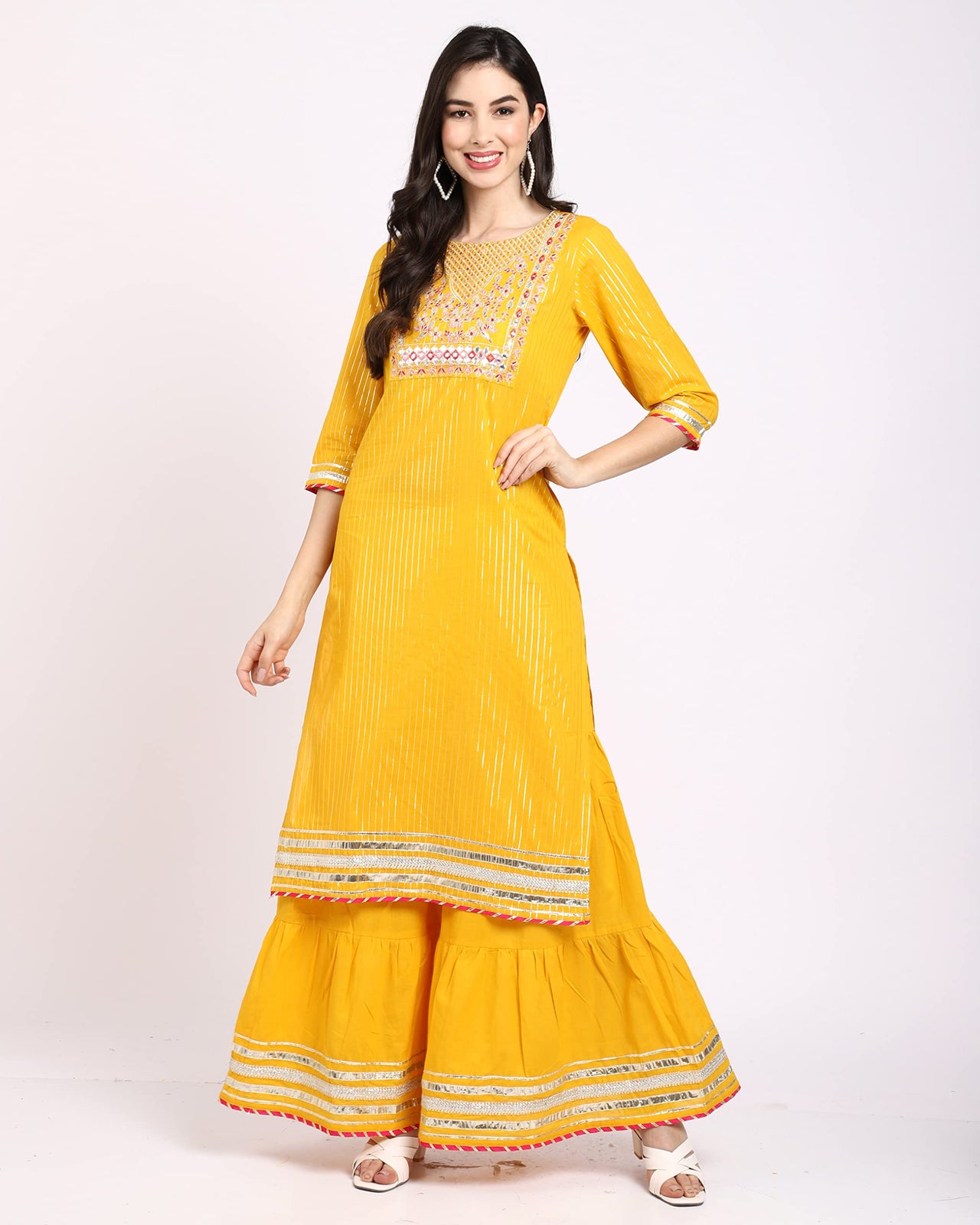 Rajnandini Women's  Pure Cotton Lurex Embroidered Kurta Set with Dupatta