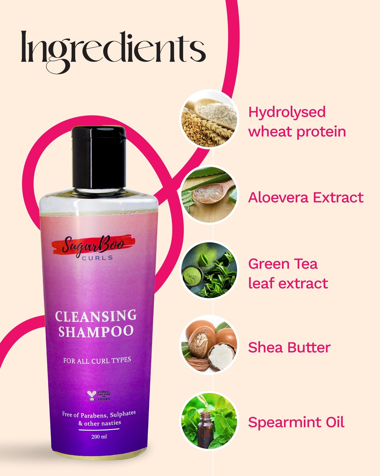 SugarBoo Curls Cleansing Shampoo (100ml) for Dry, Frizzy, Wavy, Curly Hair. Vegan & CG Friendly. No Parabens, Sulphates & Other Nasties