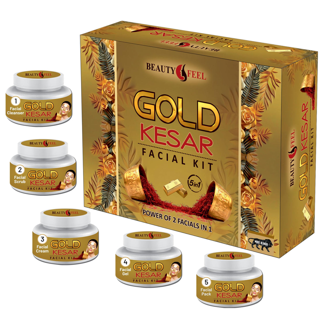 Beauty Feel Professional Gold Kesar Facial Kit For Facial, Cleanser + Scrub + Massage Cream + Facial Gel + Face Pack [Set of 5] 180 gm