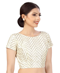 X3 Women's  Polyester Short Sleeves Golden Gota Embroidery Saree Blouse