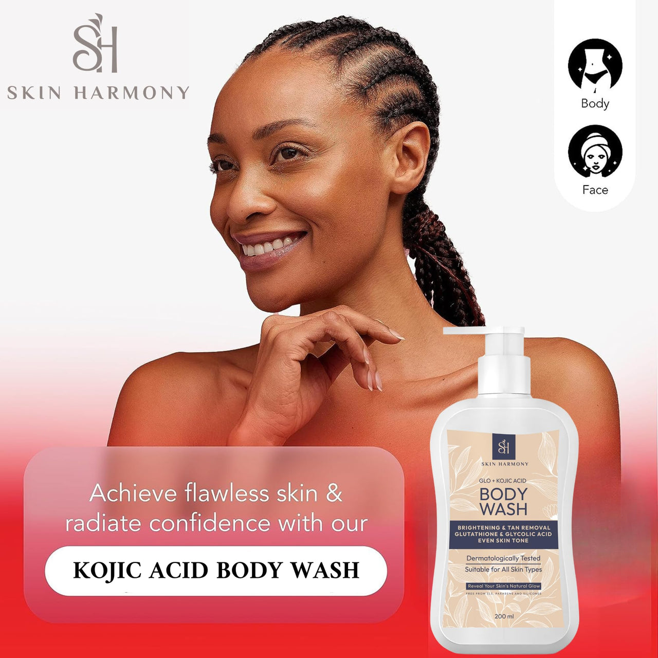 Skin Harmony AHA & BHA Kojic Acid, Glutathione and Glycolic Daily Body Wash for Skin Brightening, 200ml