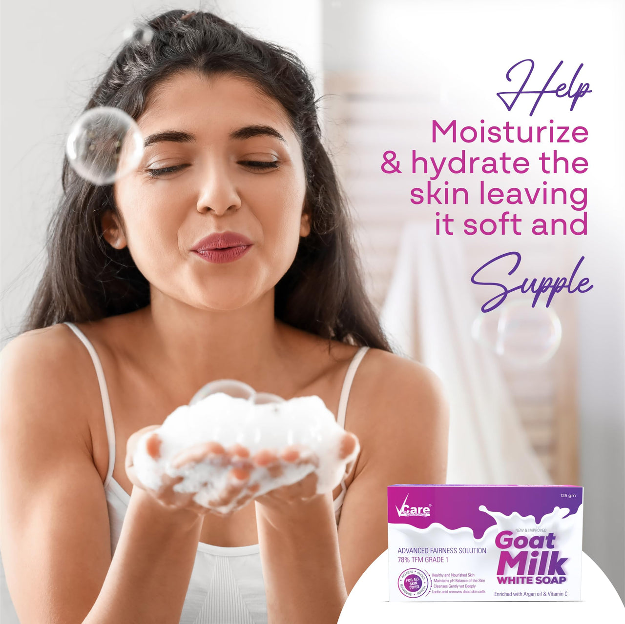 VCare Goat Milk Soap For Women & Men with Vitamin C Argan Oil for Deep Exfoliation and provides hydration | Sulfate & Paraben Free Bathing Soap Bar - 125 gms (Pack of 3)