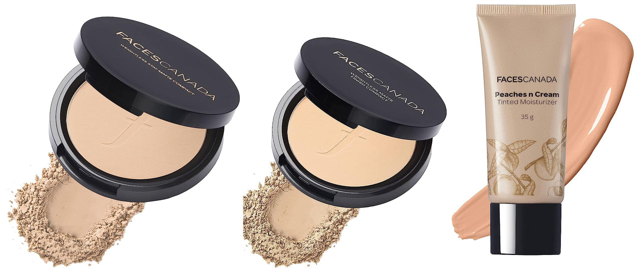 Faces Canada Ultime Pro Peaches N Tinted Moisturizer &Faces Canada Weightless Matte Compact &Faces Canada Weightless Stay Matte Compact Vitamin E & Shea Butter, Spf 20 Natural 02, 9 g