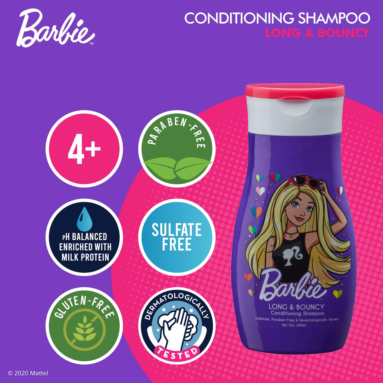 Barbie Conditioning Shampoo - Long & Bouncy, Sulphate, Paraben & Gluten Free, Enriched With Vegetable Protein, Dermatologically Tested, 200ml, Purple