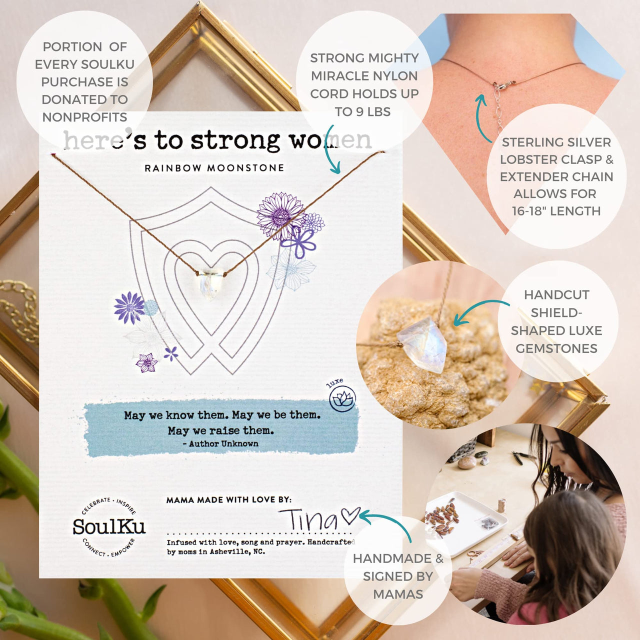 SoulKu Empowering Necklace, Empowering Jewelry With Healing Crystal, Inspirational Necklace For Strong Women, Mom & Sister, 16" Cord with 2" Sterling Silver Extender (Moonstone) Moonstone