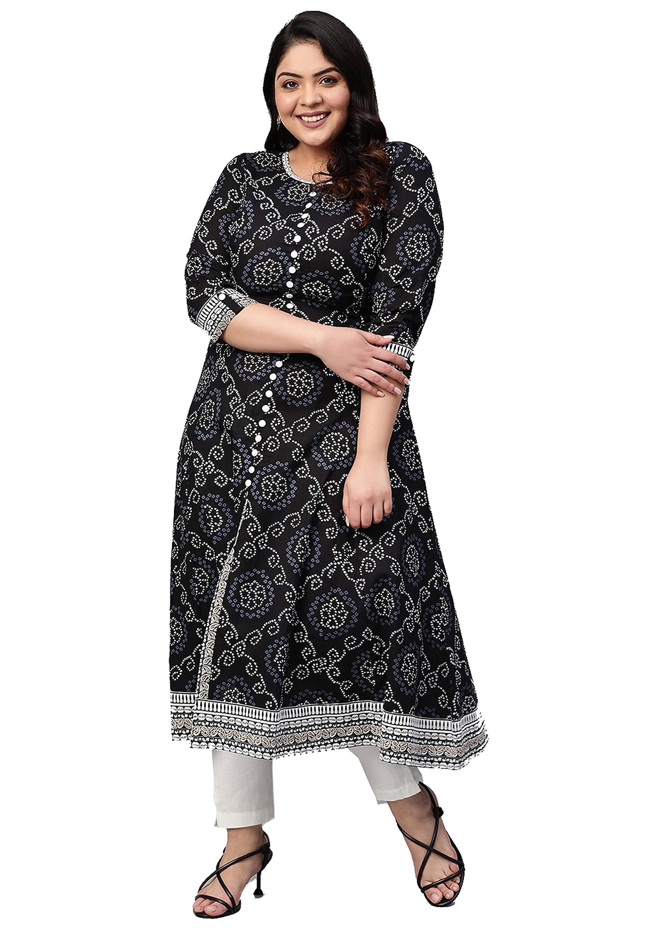 Yash Gallery Women's  Plus Size Cotton Bandhej Print Anarkali Kurta (Black)