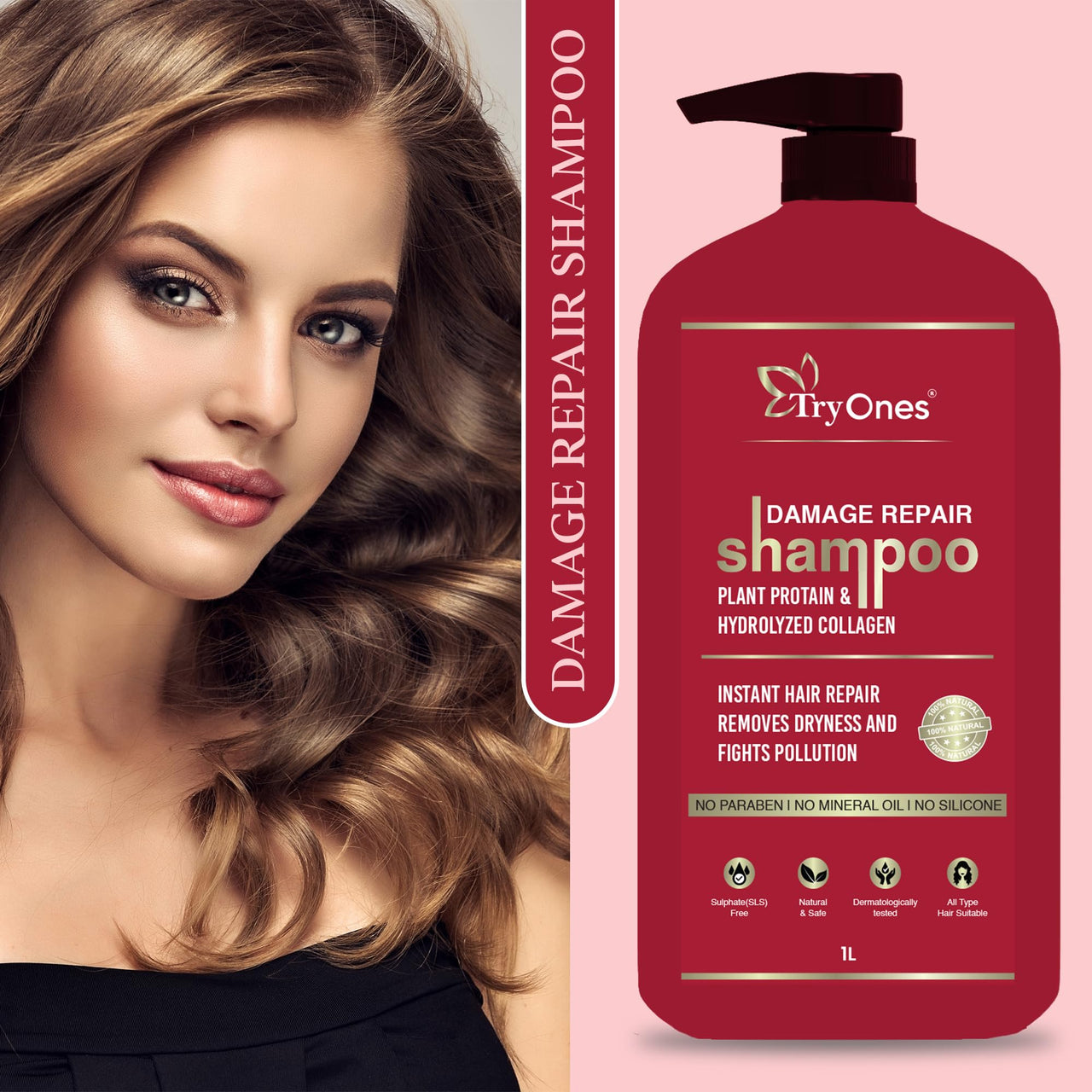 TryOnes Damage Repair Shampoo | Instant Hair Repair/Removes Dryness and Fight Pollution | For Damaged, Dry & Frizzy Hair | For Women & Men_1000 ML