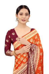 SATYAM WEAVES Women’s Daily/Party/Wedding/Casual Wear Rapier Jacquard Banarasi Cotton Silk Saree With Jacquard Designed Unstitched Blouse Piece