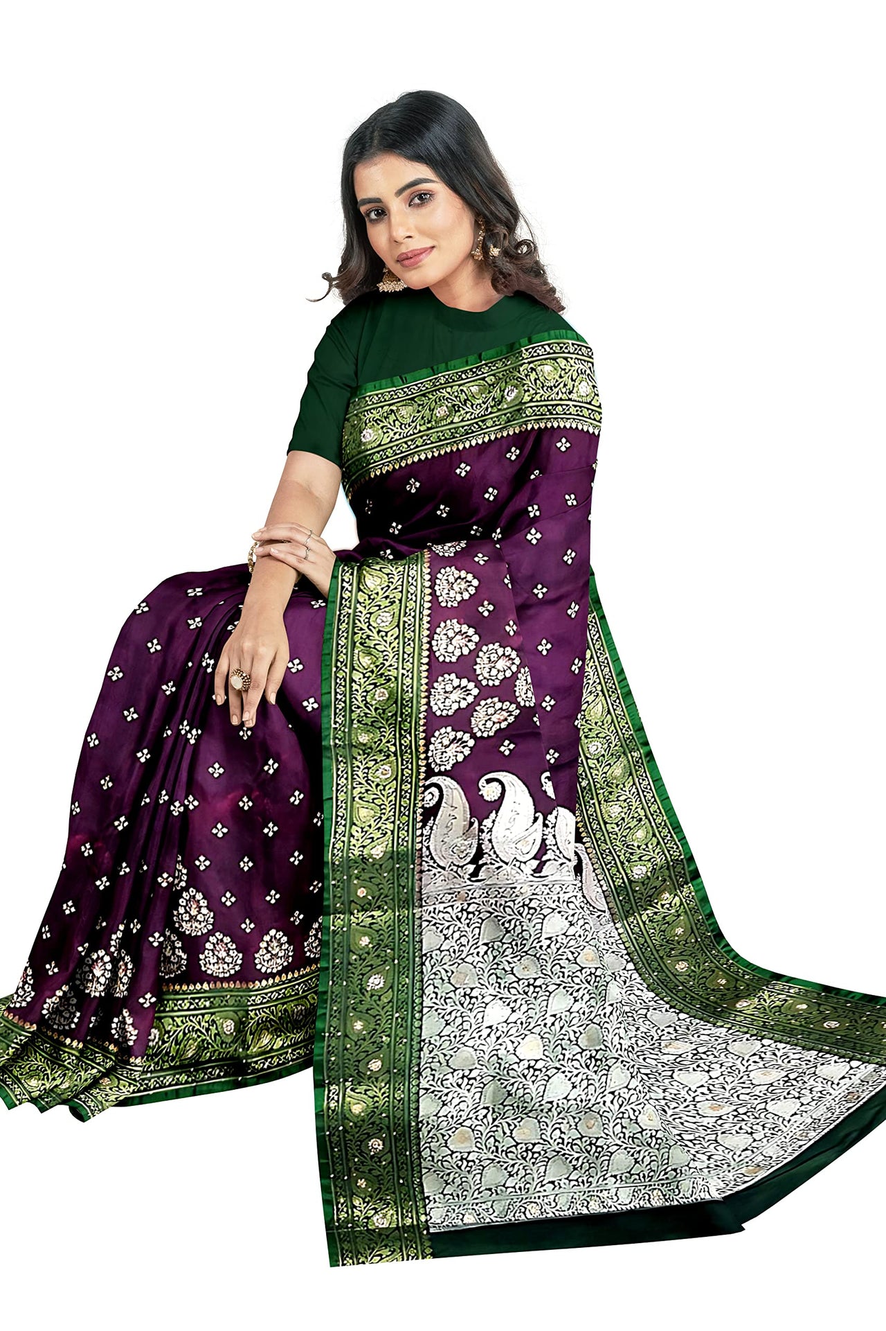 Shravanya Women's  Banarasi Silk Saree with Designer Embroidery and Stone Work with Jacquard Pallu, Border and Plain Unstitched Blouse Piece