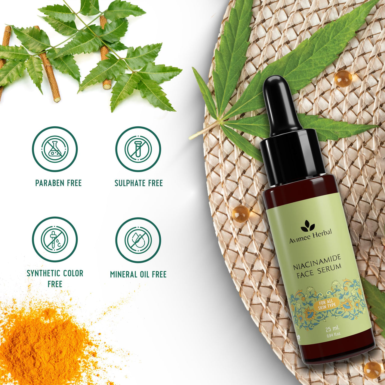 Avimee Herbal 10% Niacinamide Face Serum with Hyaluronic Acid | For Acne Marks, Blemishes & Oil Balancing with Zinc | Skin Clarifying Anti Acne Serum for Oily & Acne Prone Skin | 25 ml