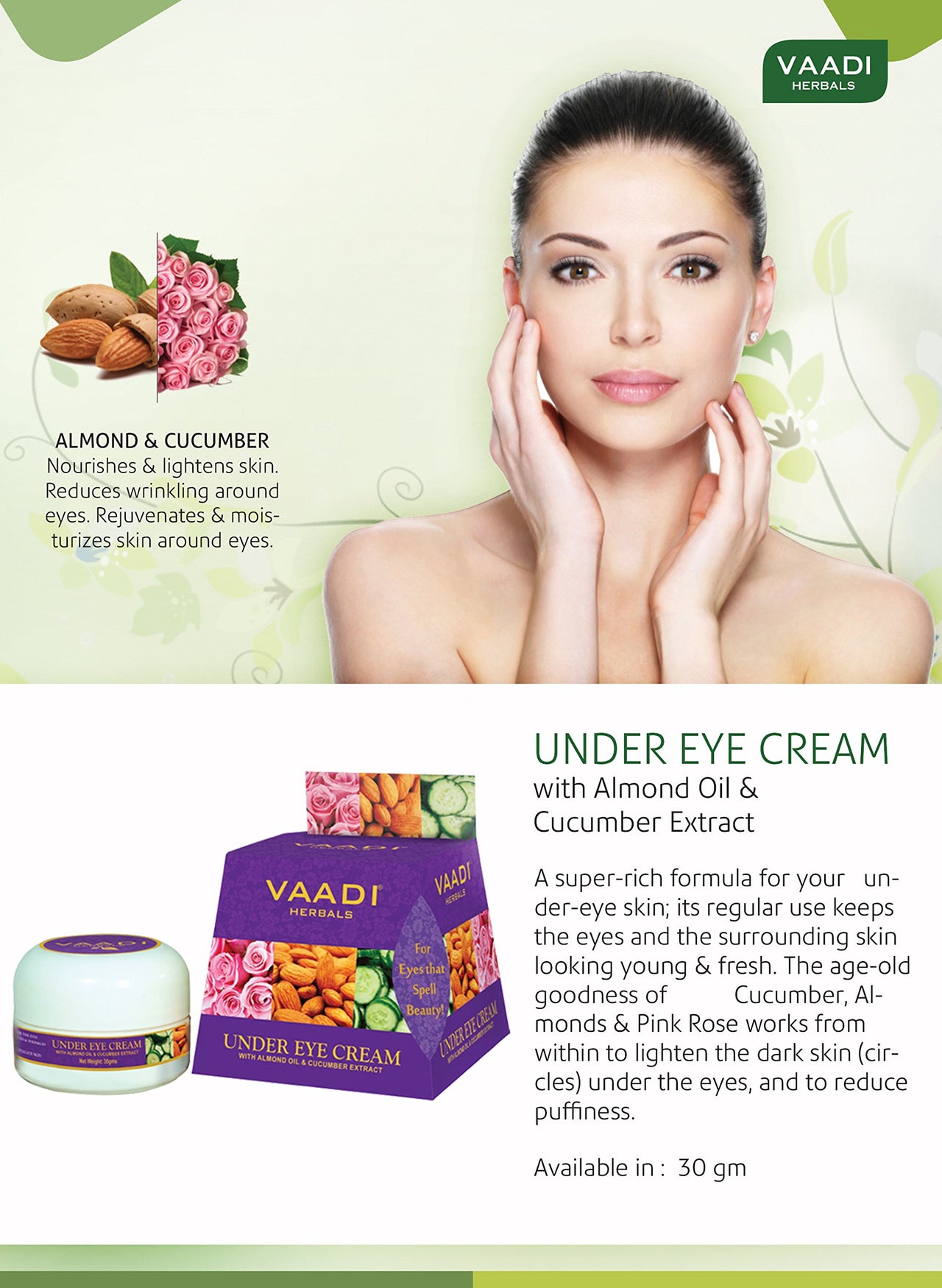 Vaadi Herbals Under Eye Cream, Almond Oil and Cucumber Extract, 30g