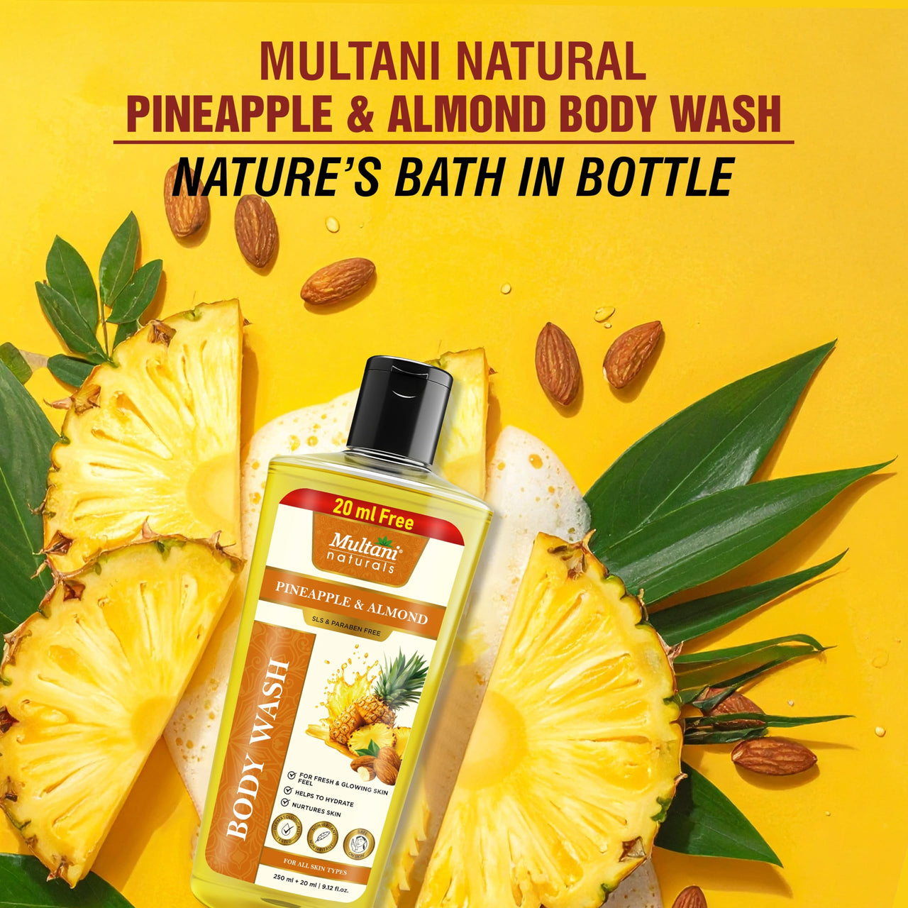 Multani Naturals Pineapple & Almond Body Wash | Refreshing Herbal Body Cleanser for Men & Women | Nourishing, Paraben & Sulphate Free | Suitable for All Skin Types (270ml)
