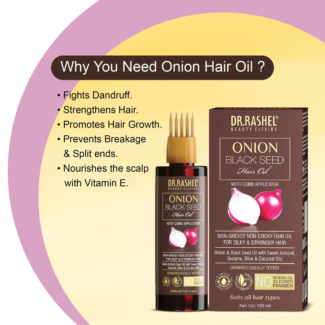 DR.RASHEL Onion Oil - Black Seed Onion Hair Oil With Comb Applicator - Controls Hair Fall - No Mineral Oil, Silicones & Paraben - 100 ml
