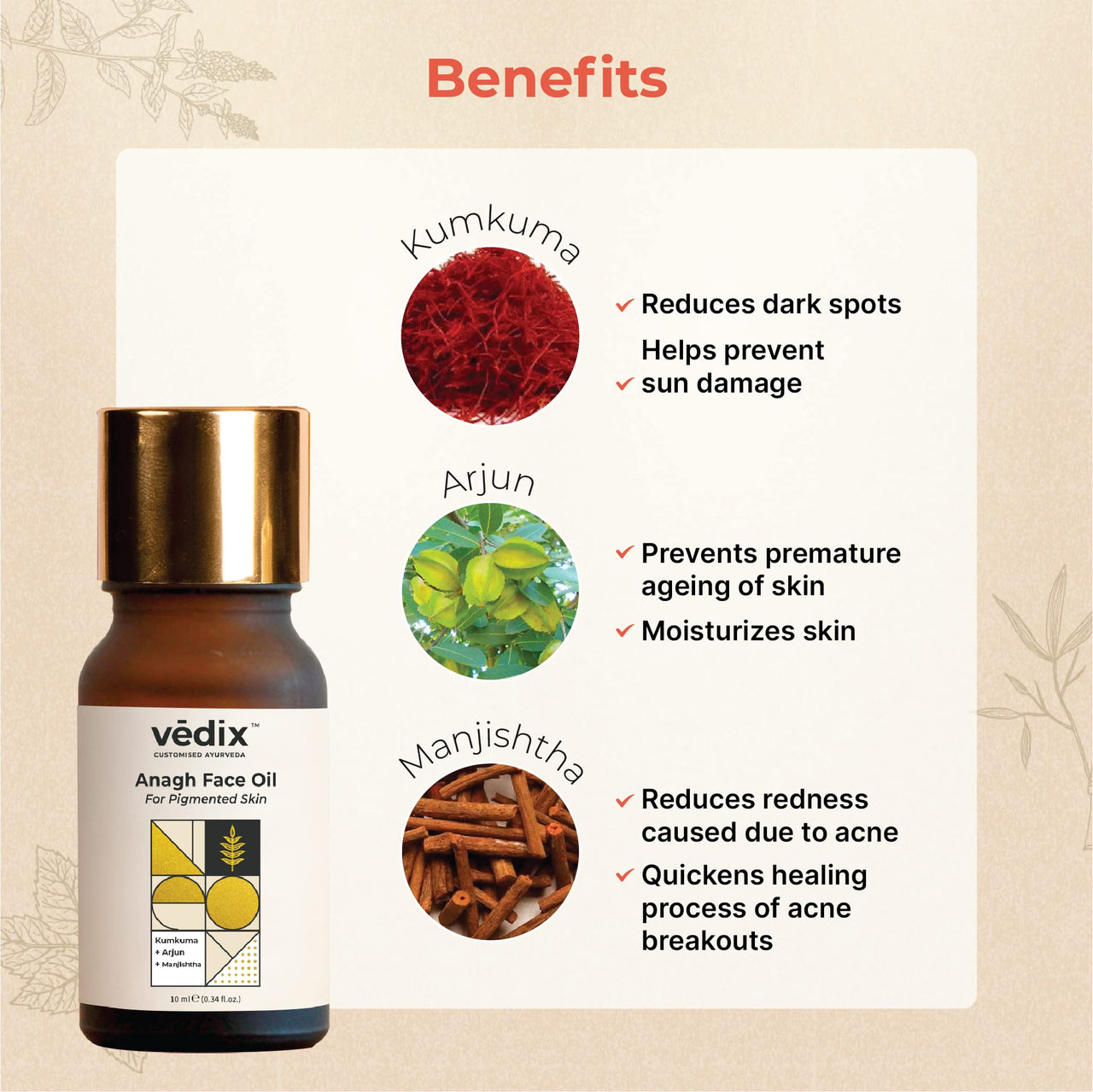 Vedix Customised Ayurvedic Face Oil | Anagh Face Oil For Pigmented Skin | With Kumkuma + Arjun + Manjishtha | For Pigmented Skin | For Dark Spots |10ml