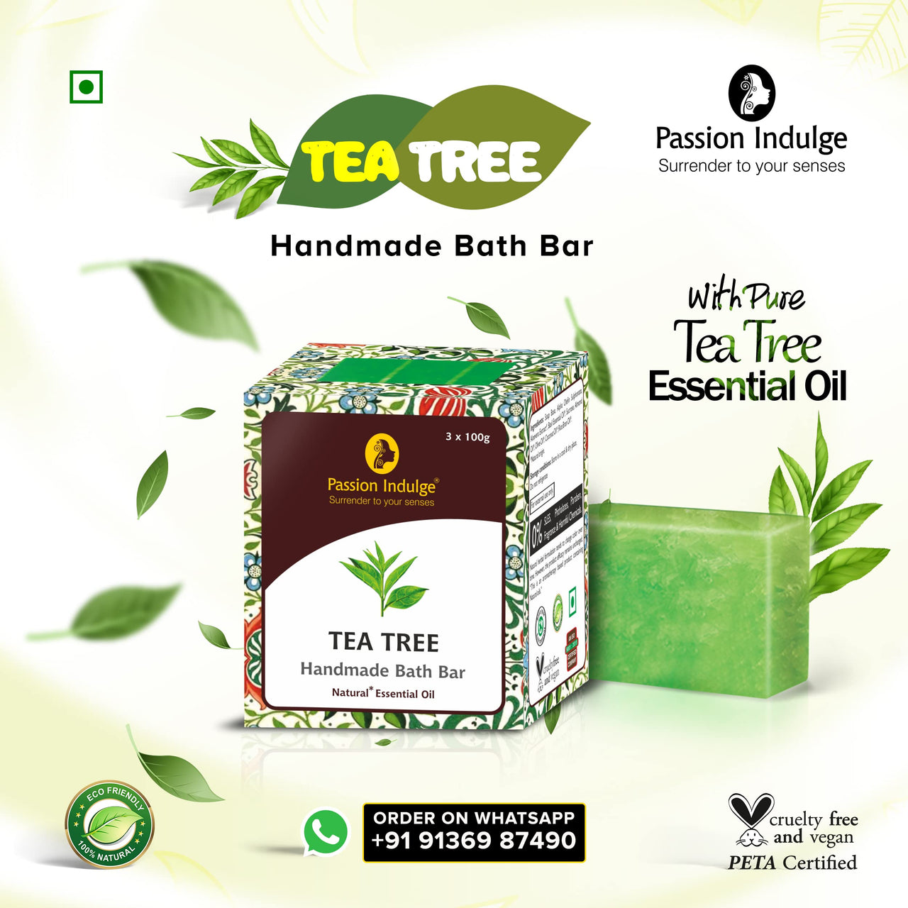 Passion Indulge Handmade Soap Natural Tea Tree Bath Bar Soap - (Pack of 3)