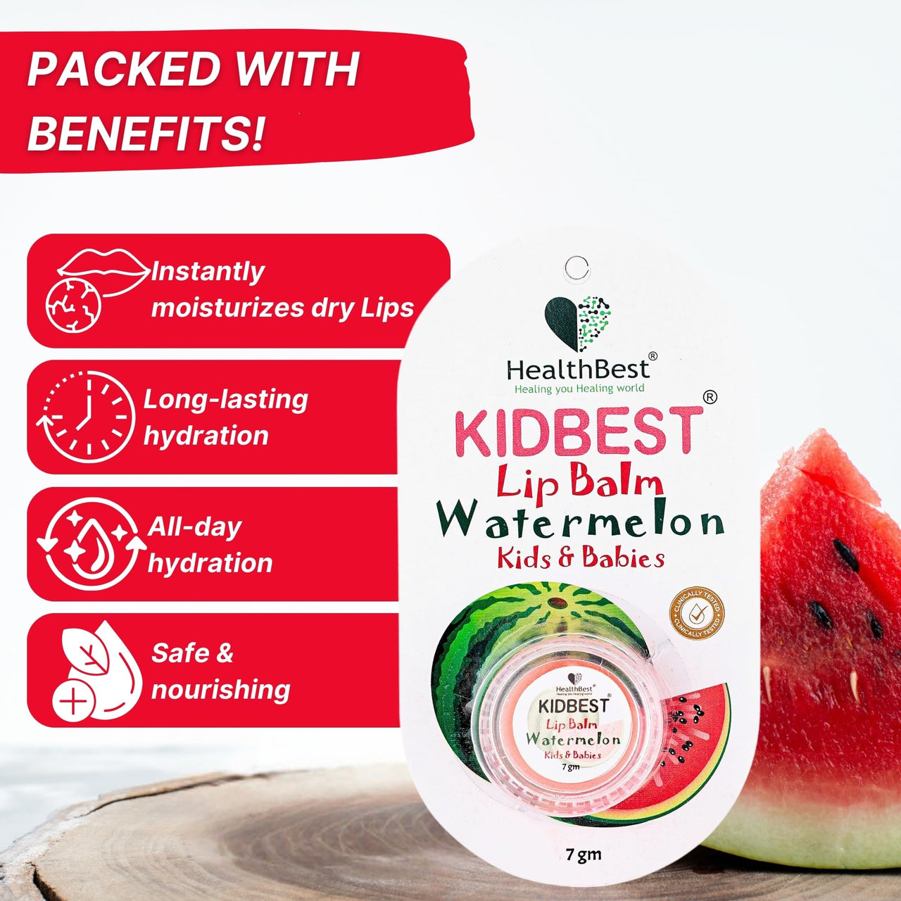 HealthBest Kidbest Lip Balm For Kids & Baby - 7gm Pink - Extra Vitamin Nourishing, Soothing Lips, Tear, Paraben, SLS Free - Watermelon Flavor