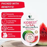 HealthBest Kidbest Lip Balm For Kids & Baby - 7gm Pink - Extra Vitamin Nourishing, Soothing Lips, Tear, Paraben, SLS Free - Watermelon Flavor