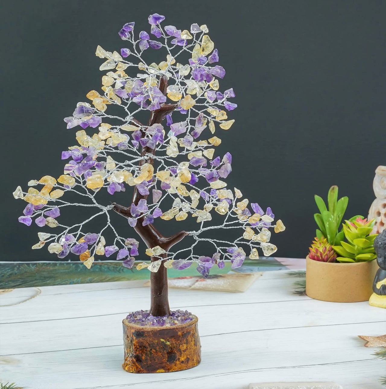 Amethyst & Citrine Crystal Tree of Life - Chakra Tree for Positive Energy, Handmade Gemstone Tree - Feng Shui Decor, Good Luck Money Tree Bonsai - Healing Crystals, Decoration Ornament, Spiritual Gift Amethyst + Citrine (Silver Wire)