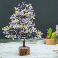 Amethyst & Citrine Crystal Tree of Life - Chakra Tree for Positive Energy, Handmade Gemstone Tree - Feng Shui Decor, Good Luck Money Tree Bonsai - Healing Crystals, Decoration Ornament, Spiritual Gift Amethyst + Citrine (Silver Wire)
