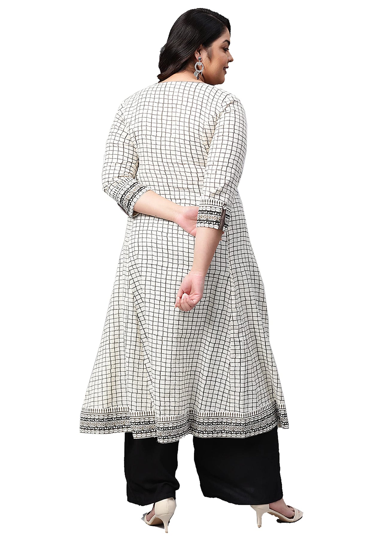 Yash Gallery Women's  Plus Size Plus Size Cotton Slub Checks Printed Anarkali Kurta for Women