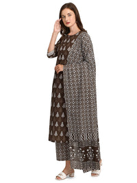FIORRA Women's  Brown Straight Cotton Kurta with Palazzo and Dupatta