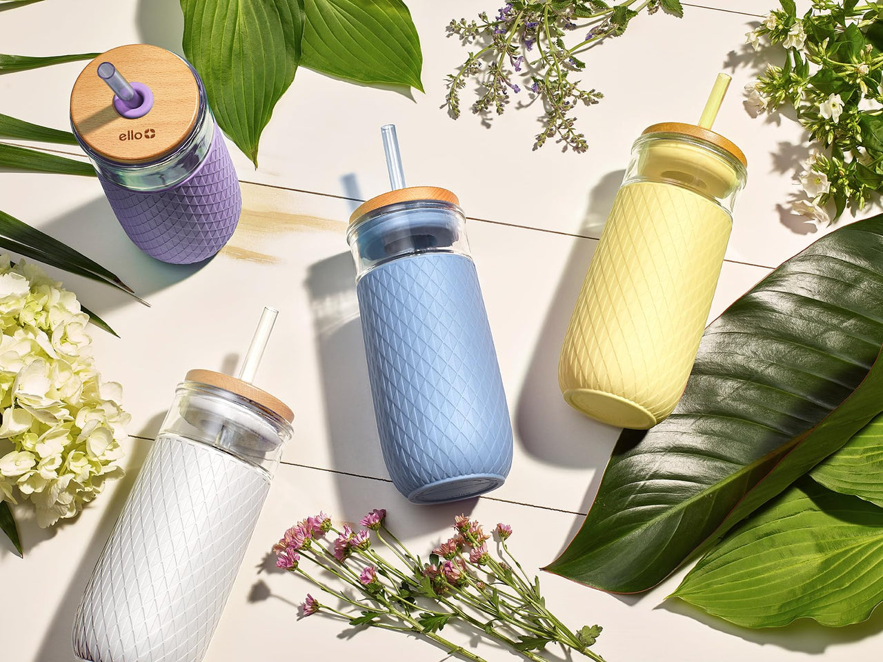 Ello Devon Glass Tumbler with Splash Proof Wooden Lid and Straw, Protective No Sweat Silicone Sleeve, Perfect for Smoothies and Iced Coffee, BPA Free, Dishwasher Safe, White, 18oz