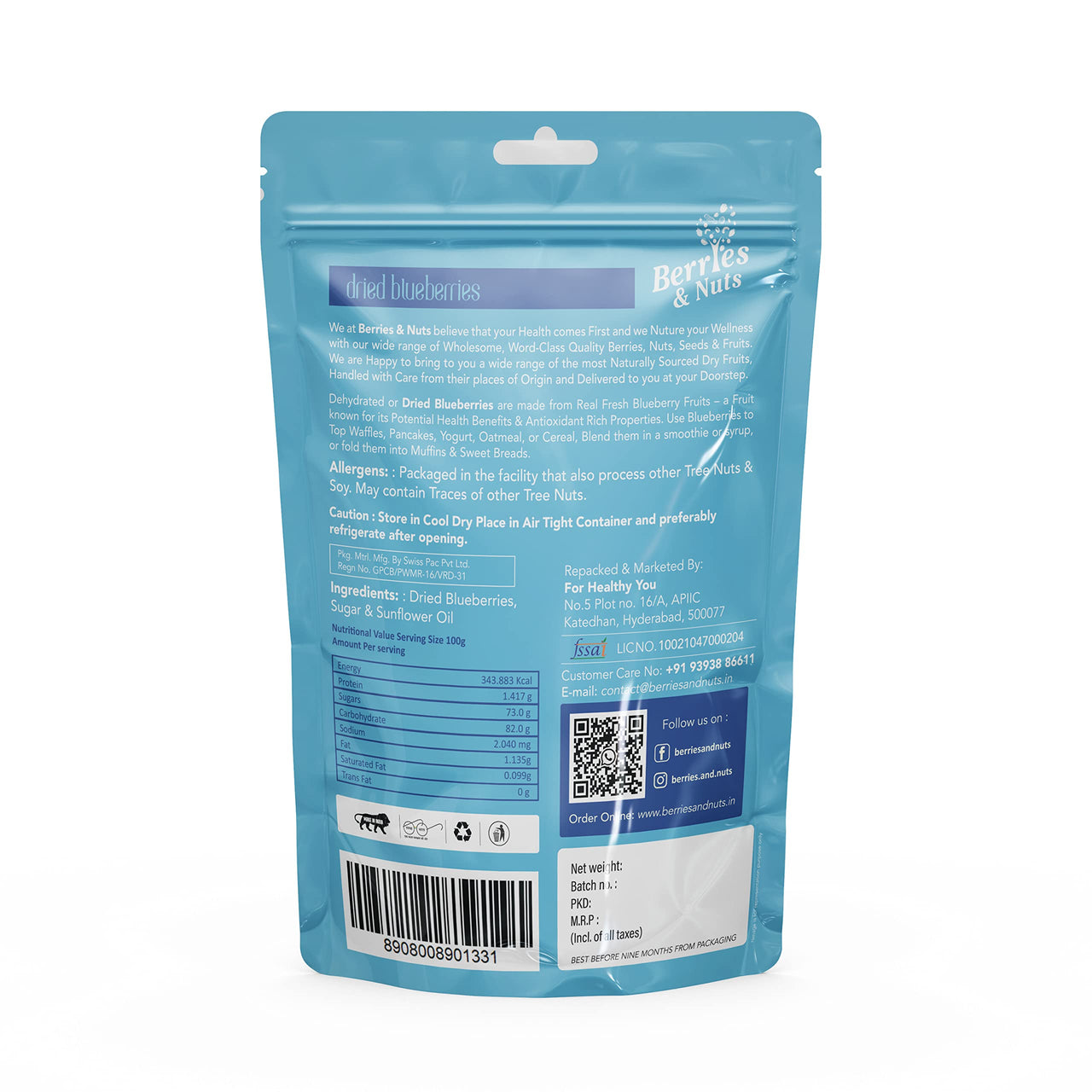 Berries & Nuts Dried Blueberries 400 Grams | Dried Fruits, Immunity Booster, Vitamins Rich, Vegan, Preservative Free | 2 Pack 200 Grams.