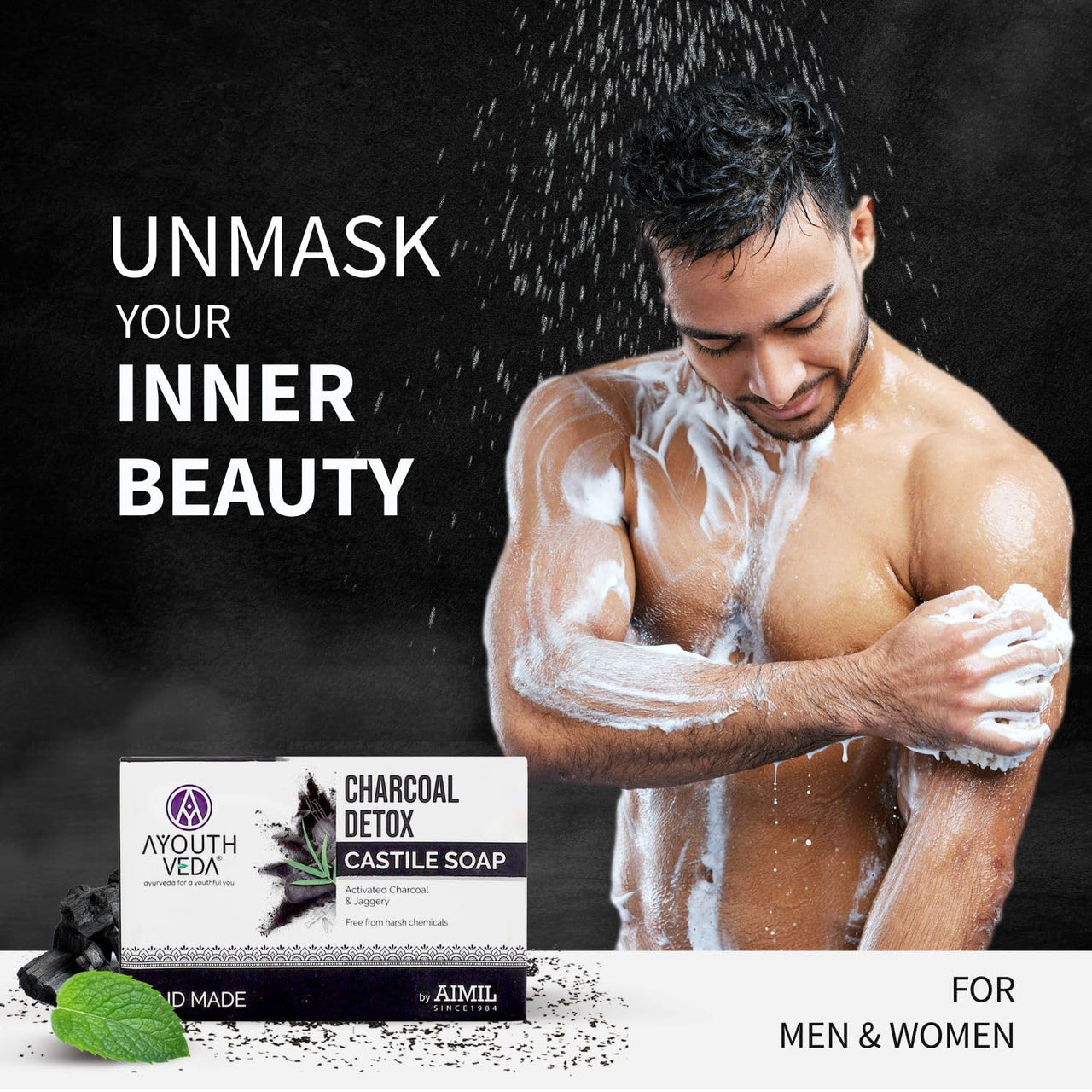 Ayouthveda Charcoal Detox Soap | A Powerful Blend of CharcoalJaggery & Five Nourishing Oils | Handmade Castile Soap Without Any Harsh Chemical | For Clear & Dirt Free Skin (Pack Of 2-110g each)