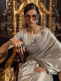 AKHILAM Women's  Banarasi Pure Silk Floral Golden Zari Work Woven Design Border Saree with Unstitched Blouse Piece(KSBLE2240_Parent)