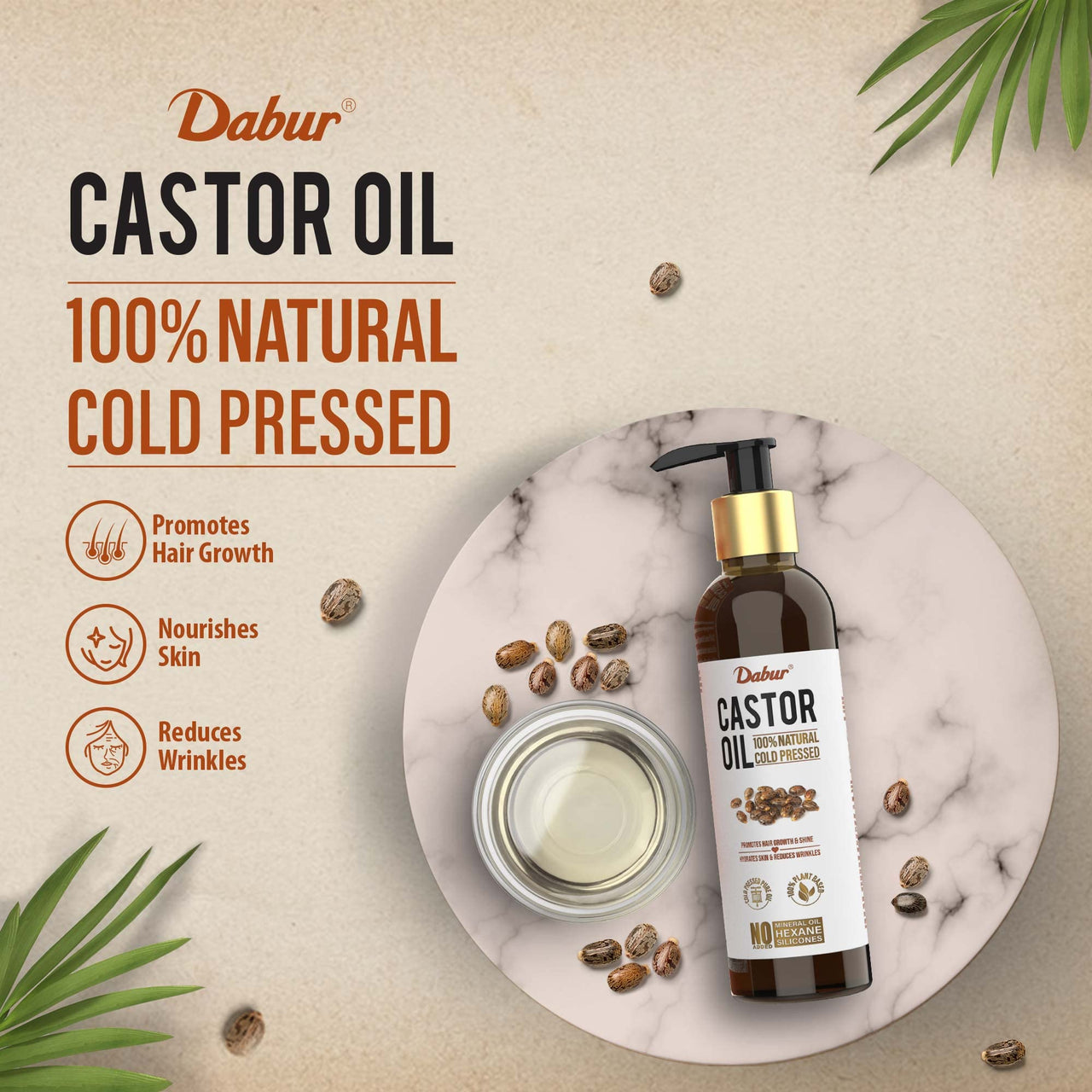 Dabur Castor Oil - 200ml | 100% Natural Cold Pressed Oil | Promotes Hair Growth, Hydrates Skin & Reduces Wrinkles | No Mineral Oil & Silicones