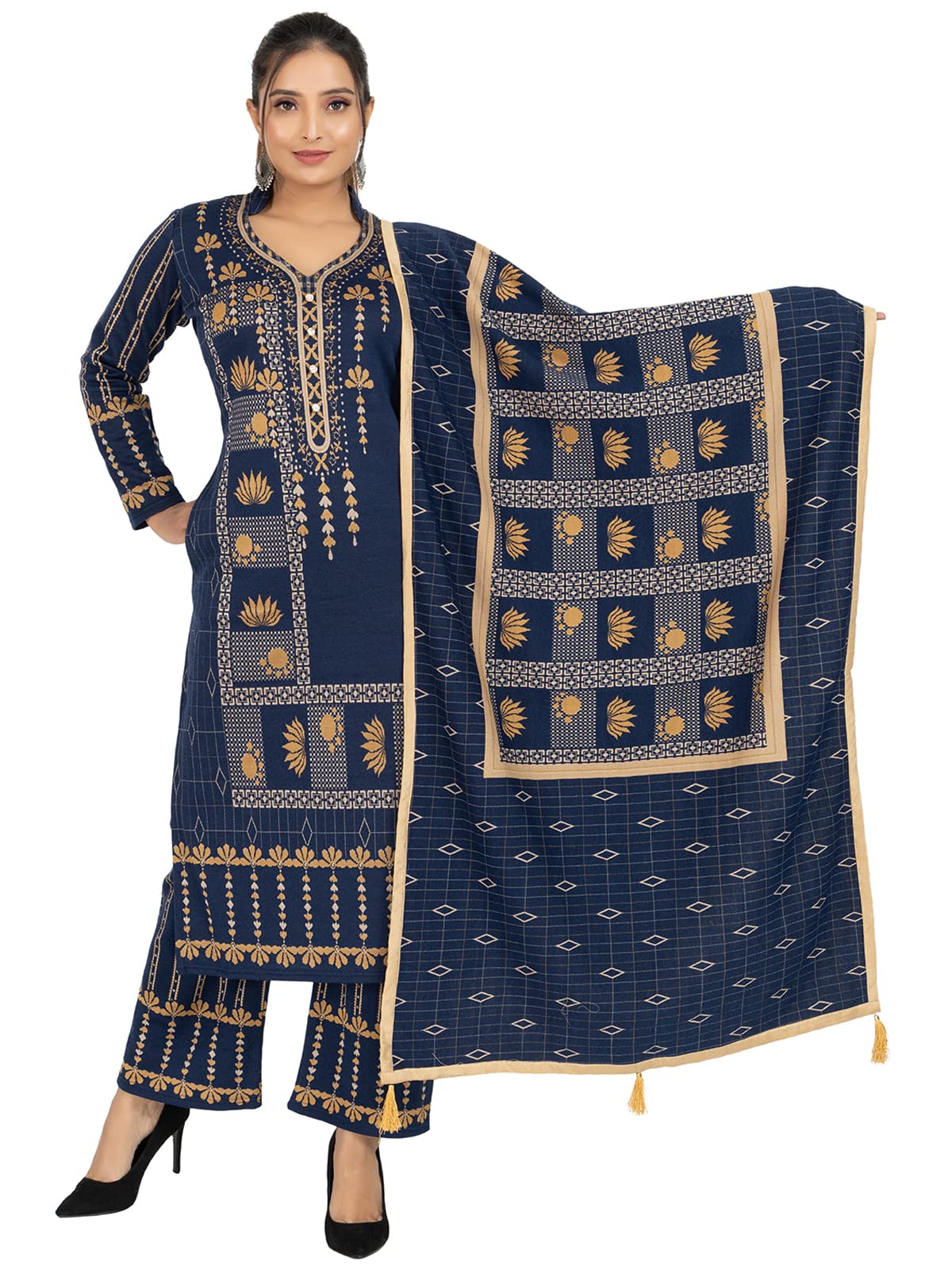 Rosary Women's  Woolen Winter Wear Mandarin Neck Full Sleeve Two Side Pocket Straight Kurta with Palazzo & Stole Set of 3 pc M Navy