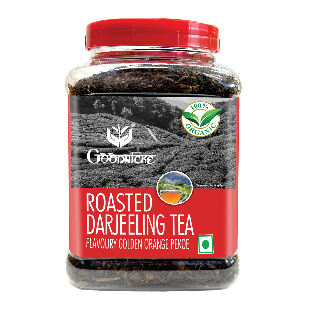 GOODRICKE Roasted Organic Darjeeling Tea Jar- 250gm | Flavoury Golden Orange Pekoe | 100% Pure & Natural Darjeeling tea| Premium Loose Leaves Black Tea | Rich Aroma and Long Lasting AfterTaste
