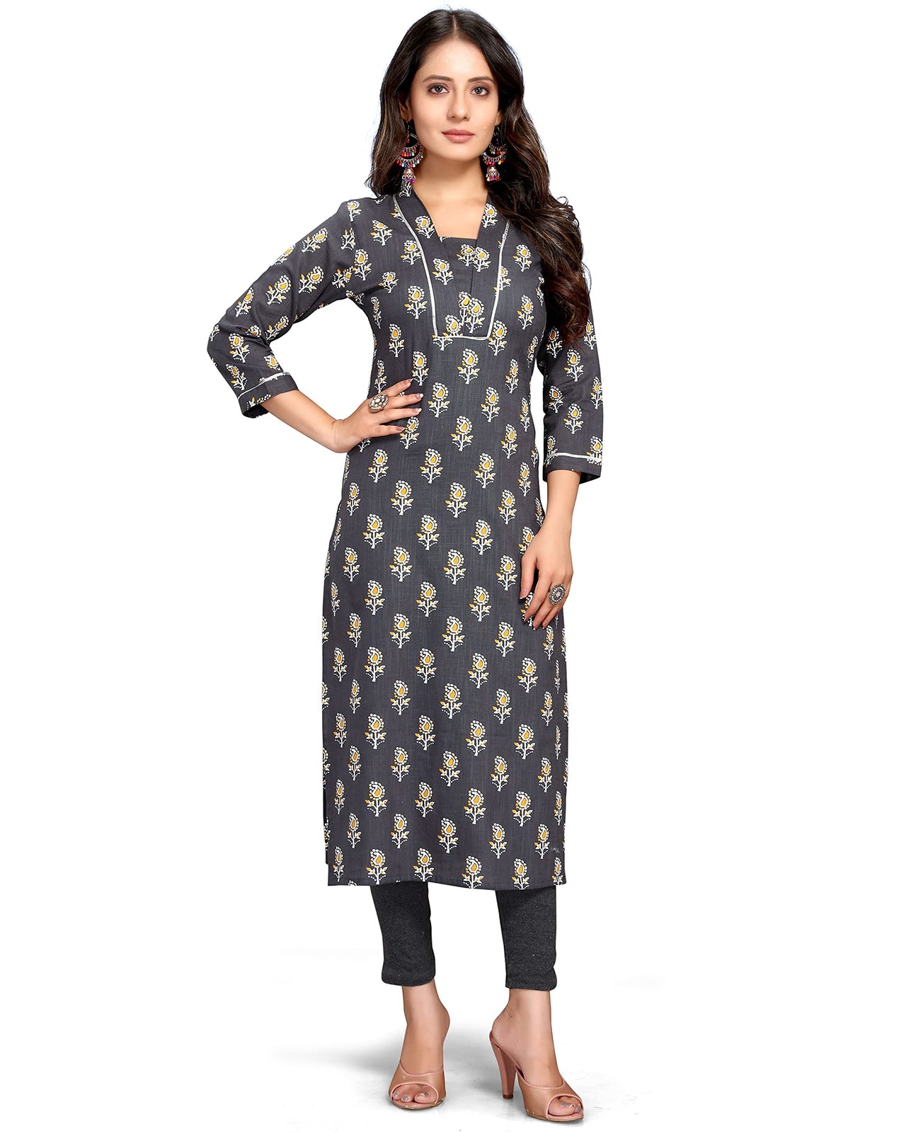Rajnandini Women's  Grey Coloured Pure Cambric Cotton Jaipuri Printed Kurti