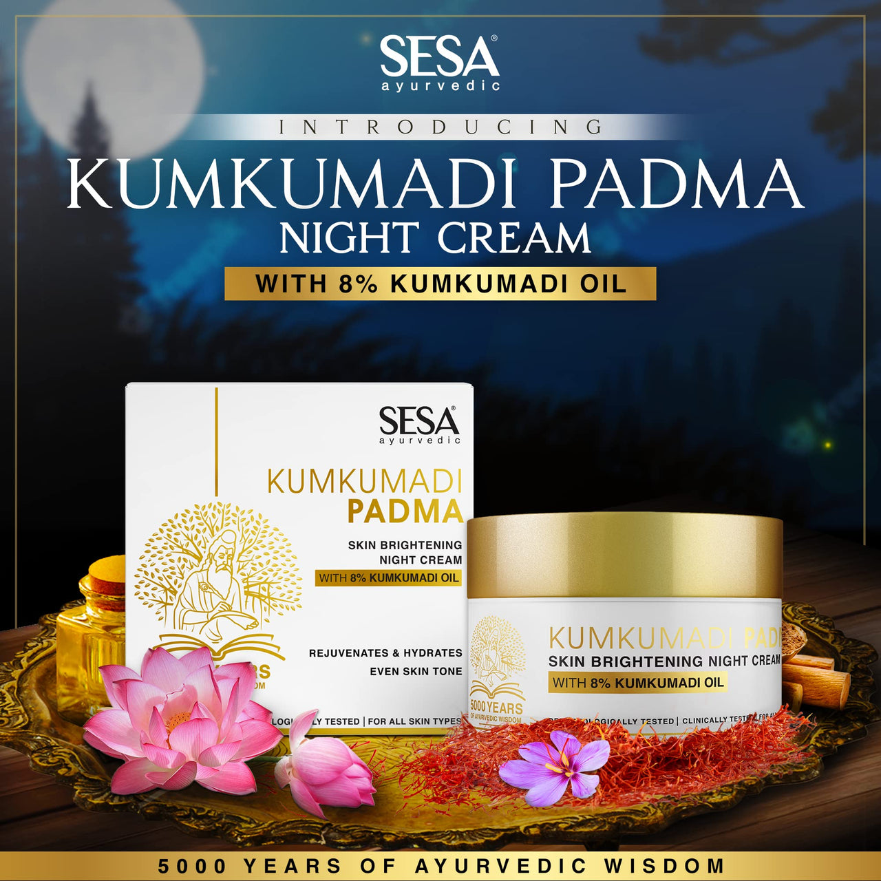 SESA 8% Kumkumadi Padma Night Cream 50g I Skin Brightening, Helps Reduce fine lines & wrinkles I Promotes Skin Rejuvenation & Skin Repair I Anti -Ageing, Even Skin Tone
