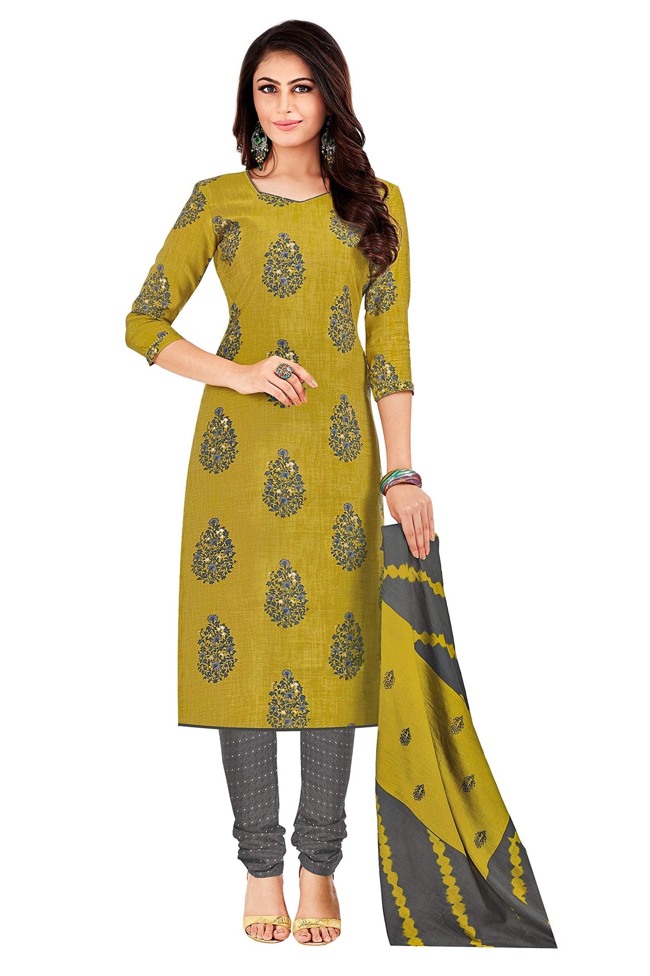 Miraan Women Cotton Unstitched Dress Material (SAN1430, Yellow, Free Size)