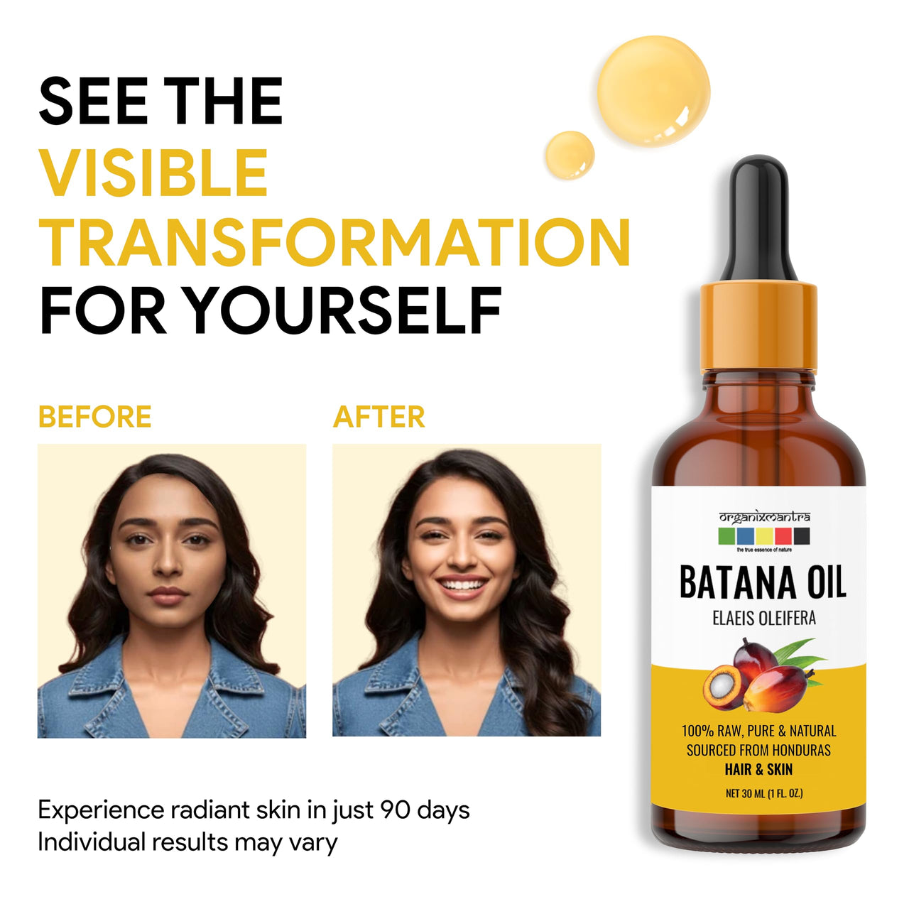 Organix Mantra Batana Oil for Hair & Skin | 100% Pure, Unrefined, Cold Pressed Oil from Honduras | Promotes Hair Growth, Nourishes Scalp & Skin | Natural Moisturizer – 30ML