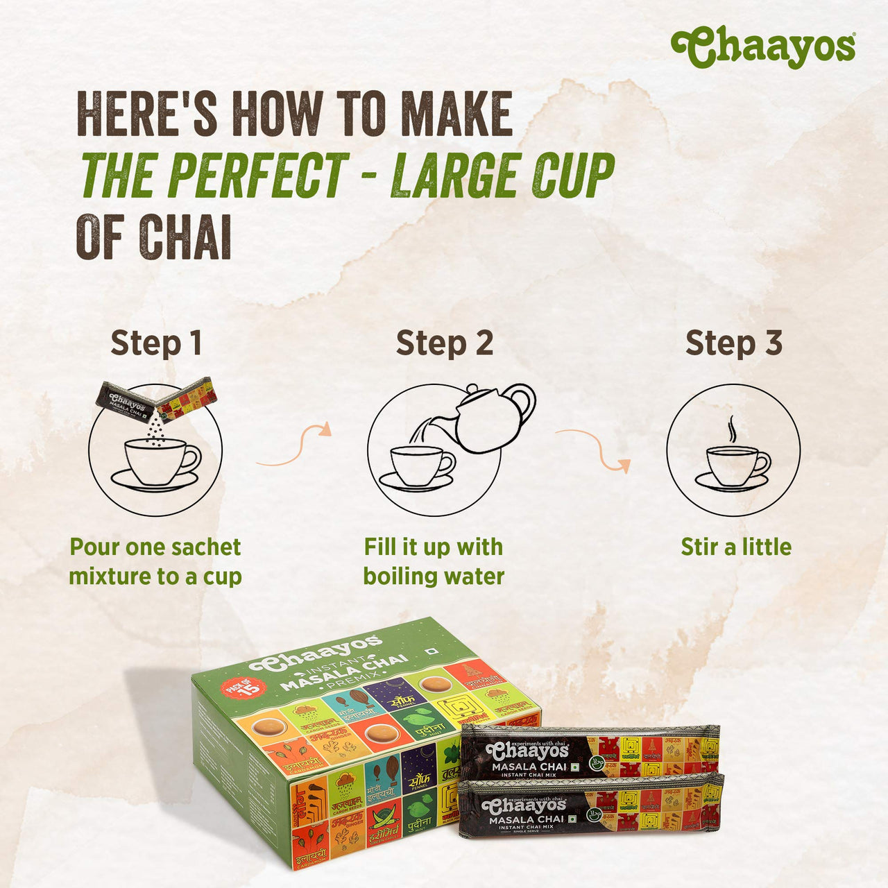 Chaayos Instant Tea Premix - Regular Sugar - Adrak Elaichi Chai (15 Sachets*22 gram=330 gram) | Ready Mix Assam Tea | Desi Chai | Flavoured Premix