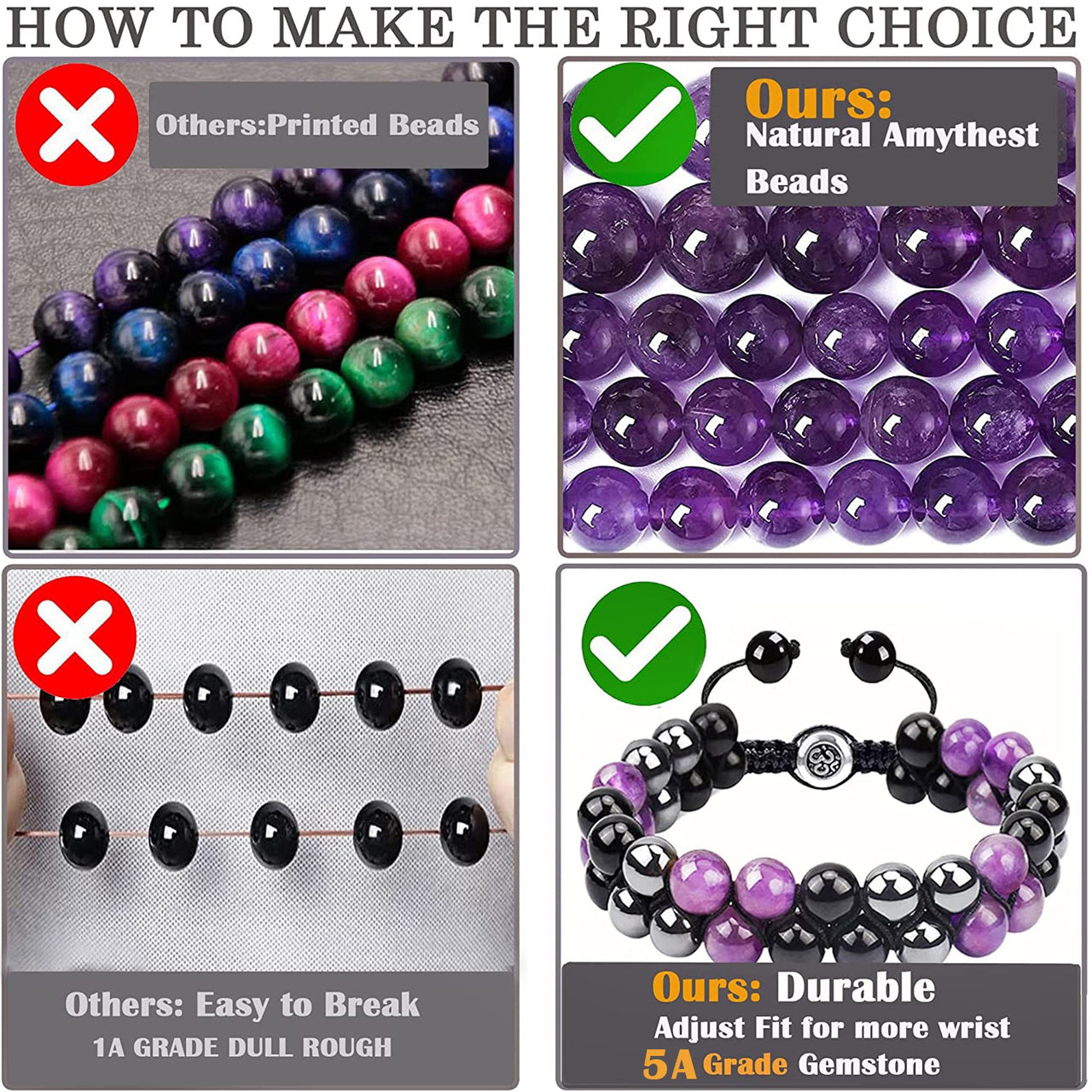 Triple Protection Bracelet for Men Women, Genuine Amethyst Black Obsidian Hematite 8mm Beads Bracelet ,Handmade Natural Stone Crystal Bracelets for Protection Healing Balance Amethyst Bracelet