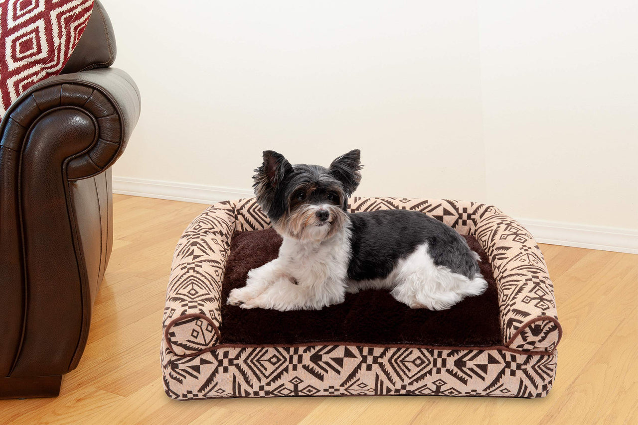 Furhaven Pillow Dog Bed for Small Dogs w/ Removable Bolsters & Washable Cover - Plush & Southwest Kilim Woven Decor Sofa - Desert Brown, Small
