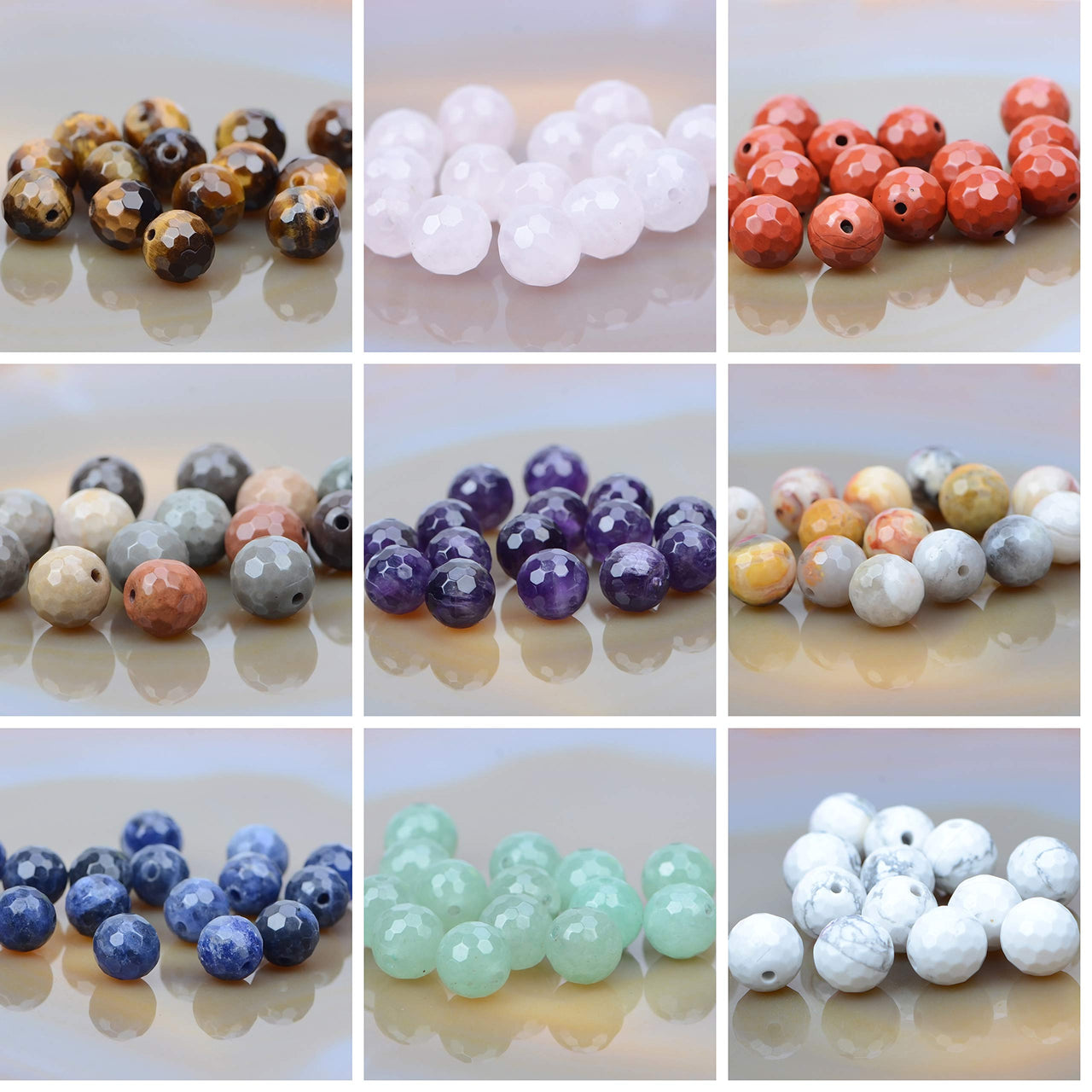 Massive Beads 140PCS 6MM Natural Crystal Beads 10 Materials Faceted Stone Gemstone Round Loose Energy Healing Beads with Free Crystal Stretch Cord for Jewelry Making (Faceted Stone Gems, 6MM) Faceted Stone Gems