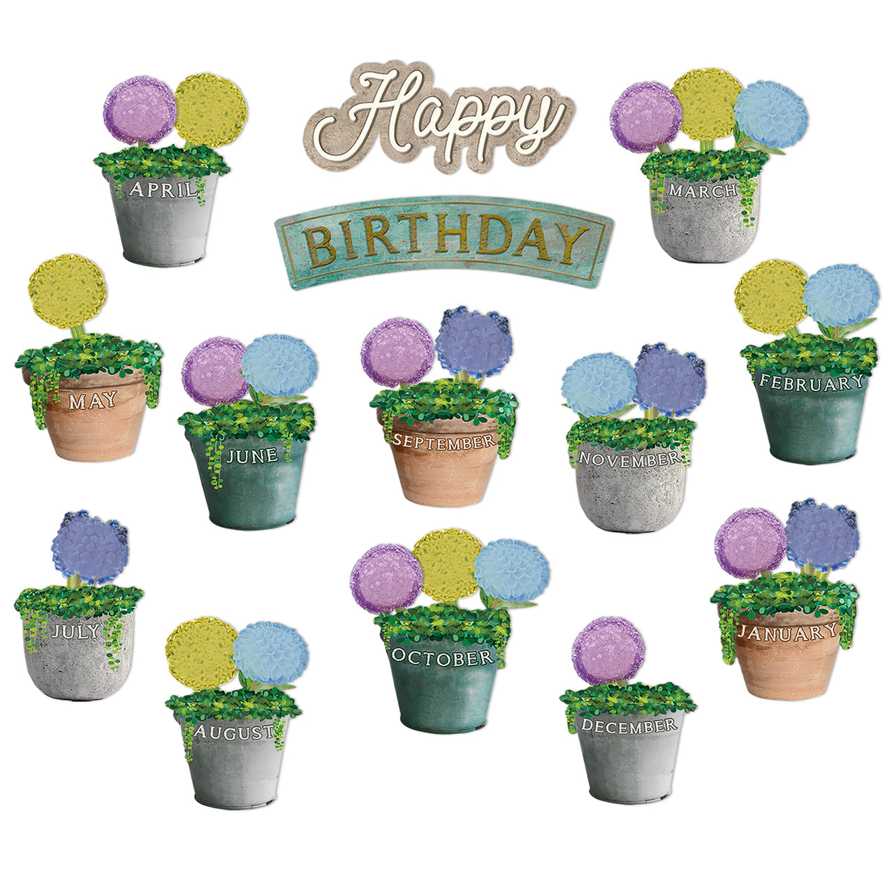 Eureka Curiosity Garden Mini Happy Birthday Bulletin Board Set for Teachers, 48 Pieces Garden Birthday