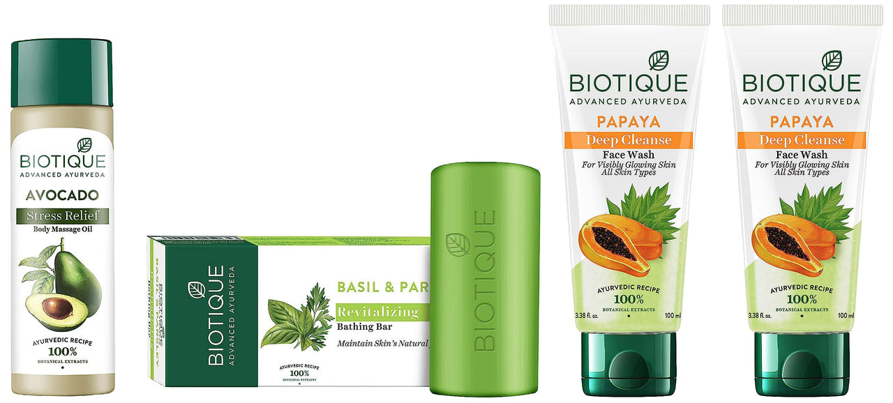 Biotique Cado Stress Relief Avocado Stress Relief Body Massage Oil, 200ml & Biotique Papaya Deep Cleanse Face Wash All Skin 2x100ml & Biotique Basil And Parsley Revitalizing Body Soap, 150g