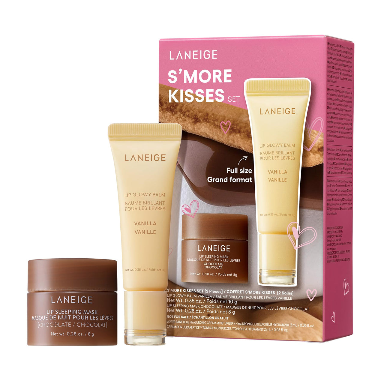 LANEIGE S’Mores Kisses Set of 2 includes Chocolate Lip Sleeping Mask (8g) and Vanilla Lip Glowy Balm (10g) for Soft, Smooth and Glowing Lips | Korean Lip Balm For Dry Lips |Intense Hydration
