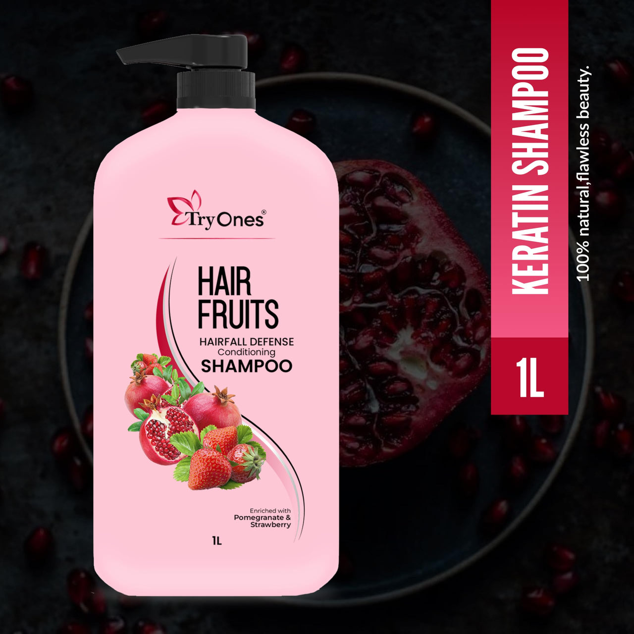 TryOnes Hair Fruits Hairfall Defense Conditioning Shampoo Enriched with Pomegranate & Strawberry 1000 ml