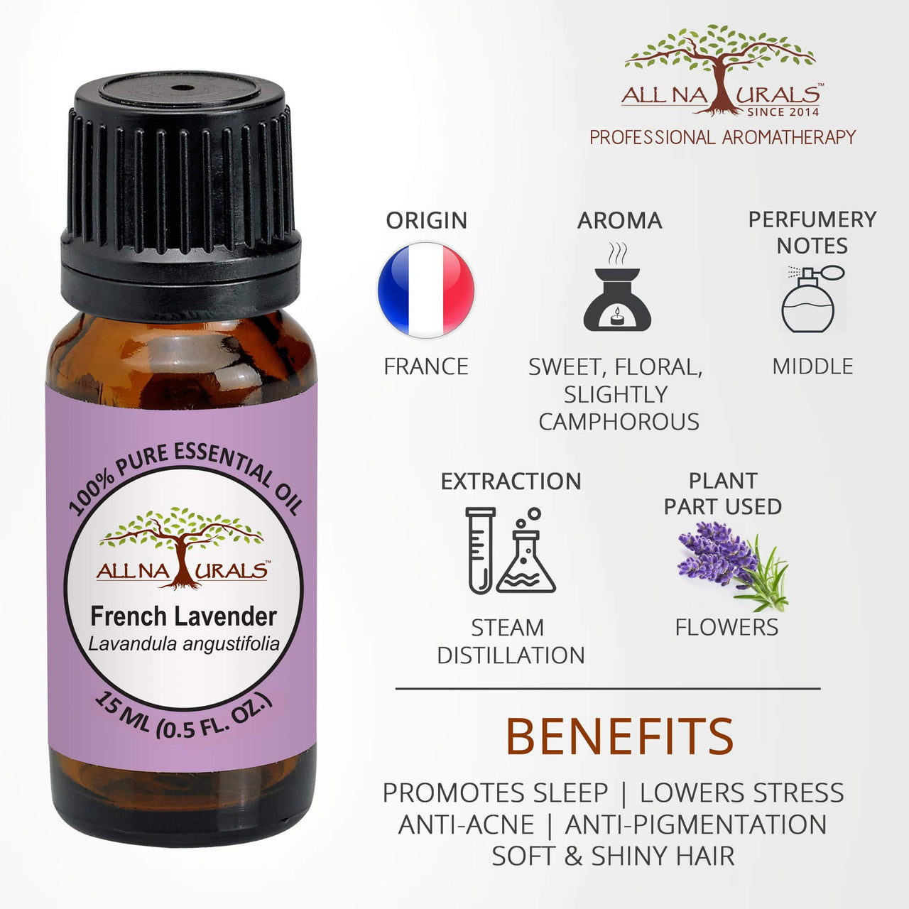 All Naturals Lavender Essential Oil (France) 100% Pure for Sound Sleep, Stress, Dry Skin, Shiny Hair & Acne - 15 mL