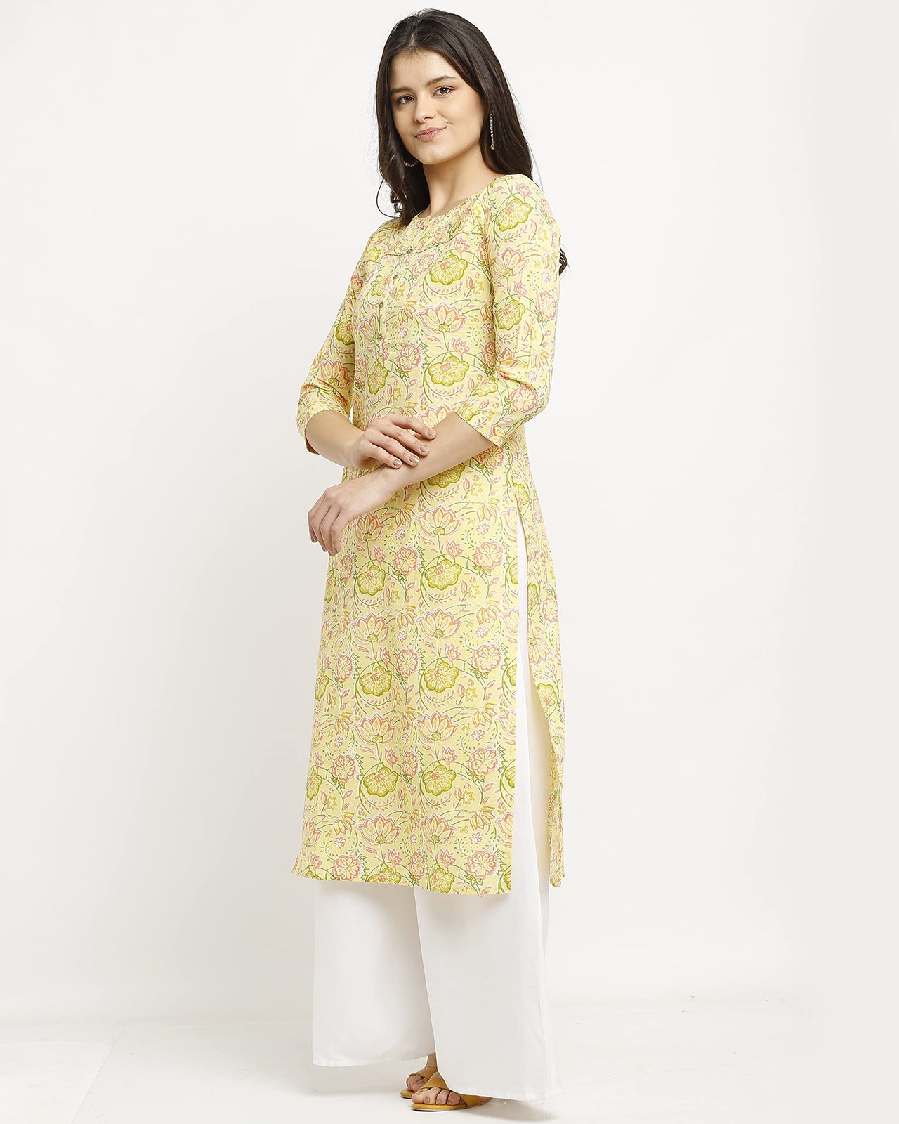 Rajnandini Women's  Yellow Pure Cambric Cotton Jaipuri Printed Kurti (JOPLJPR85-P)