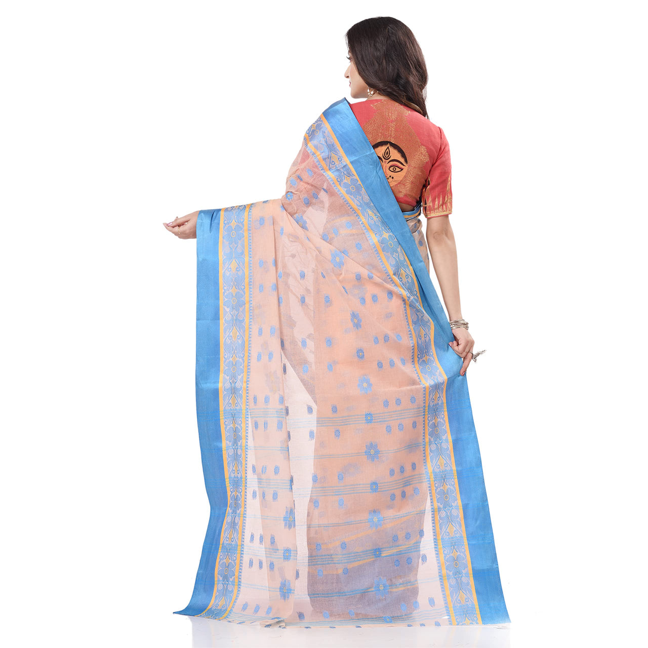 dB DESH BIDESH Women`s Traditional Bengal Phulkoli Woven Design Pure Handloom Cotton Saree Without Blouse Piece White Red