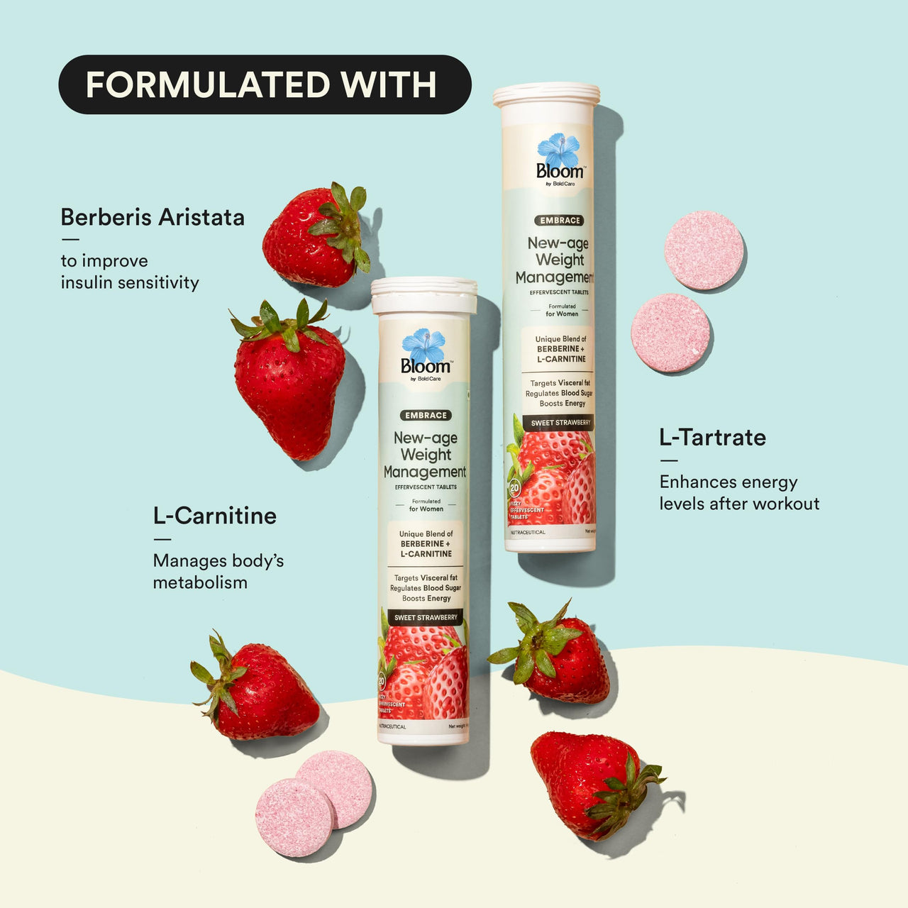 Bloom Berberine + L-Carnitine Effervescent Tablets | 60 Effervescent Tablets (Pack of 3) | Natural Formula for Weight Management | Turns Fat into Active Energy | Strawberry Flavour